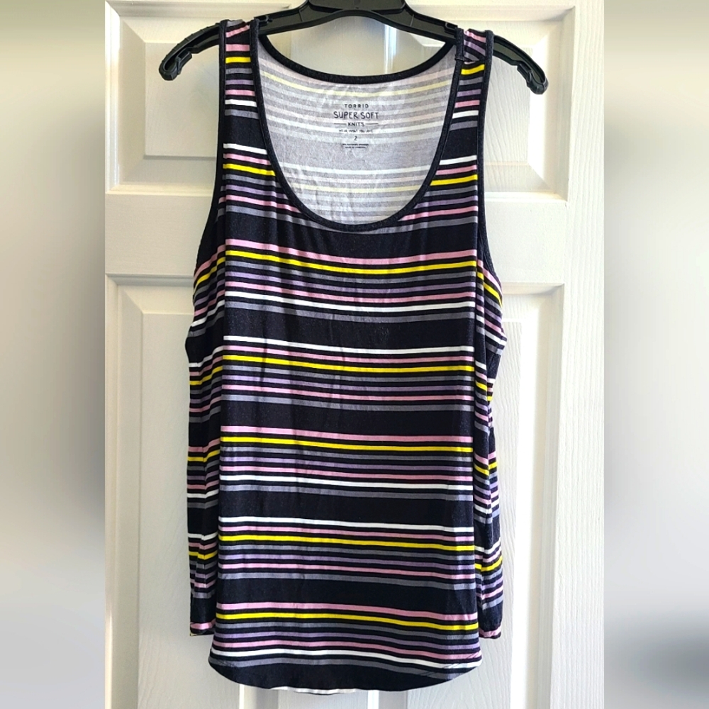 torrid Black Striped Tank Top with Yellow and Pink Accents